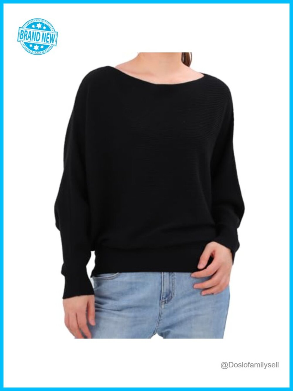 Oversized Batwing Sweater Boat Neck Ribbed Knit Pullover